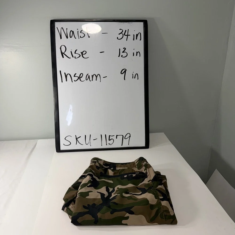 Fintech Mens‎ Camo Performance Fishing Shorts Green Brown Large Zipper Pockets